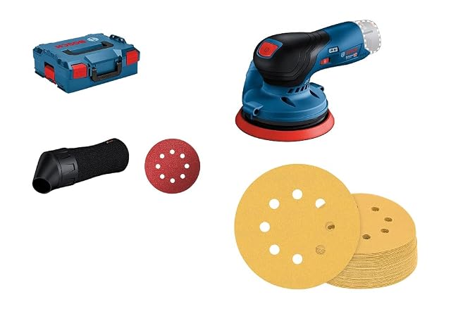 Bosch Professional GEX 12V-125 random orbit sander in an L-BOXX with abrasive discs, product photograph