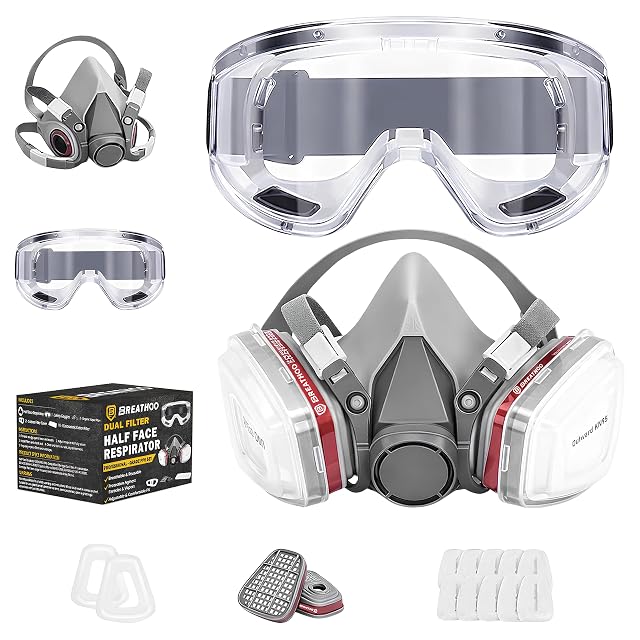 Breathoo AirGuard half face respirator with anti-fog goggles, product photograph