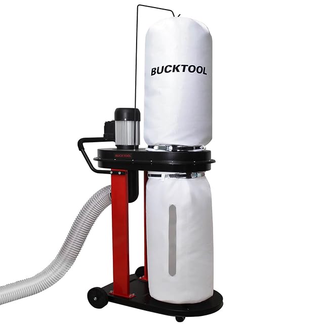Bucktool DC50 dust collector with cloth upper bag and caster base, product photograph