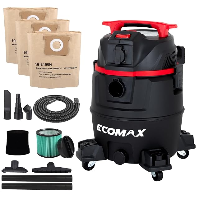 ECOMAX 8 gallon HEPA dust extractor with anti-static hose and accessories, product photograph