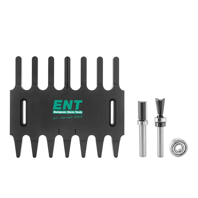 ENT dovetail routing template with two router cutters, product photograph