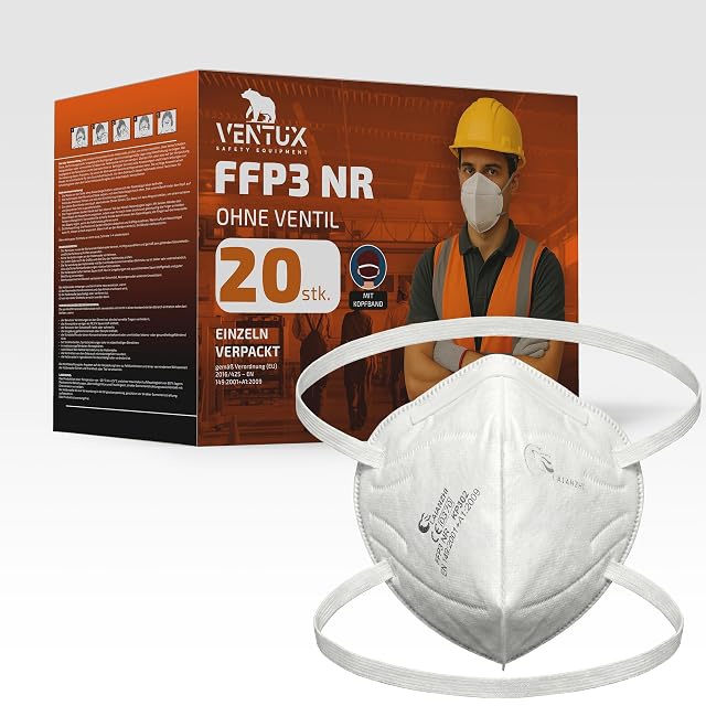 Twenty individually wrapped FFP3 dust masks with head straps, product photograph