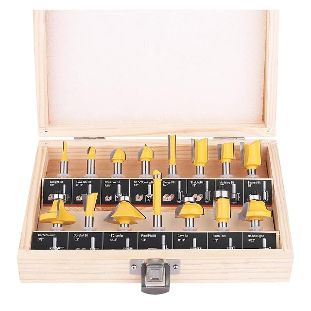 KOWOOD fifteen piece router bit set in a wooden case, product photograph