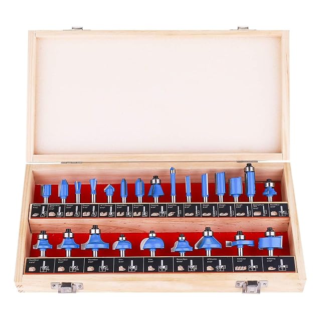 KOWOOD twenty-four piece router bit set in a wooden case, product photograph