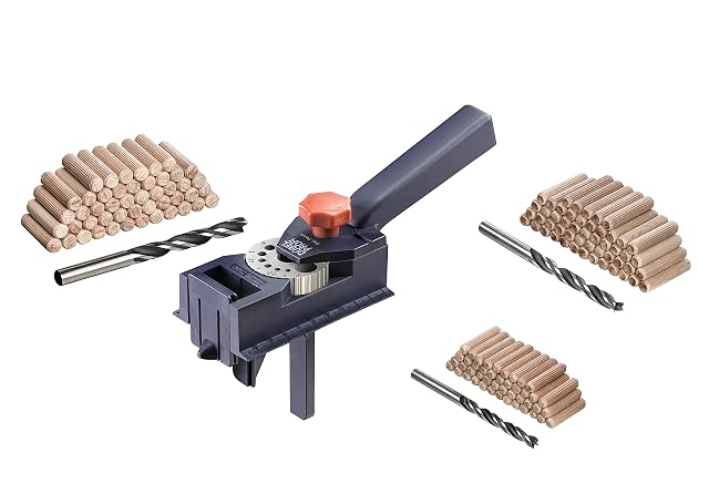 kwb Dübelprofi dowelling jig with drill bits and dowels, product photograph