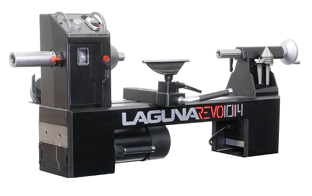 Laguna Revo 10 by 14 benchtop wood lathe with cast iron headstock, product photograph