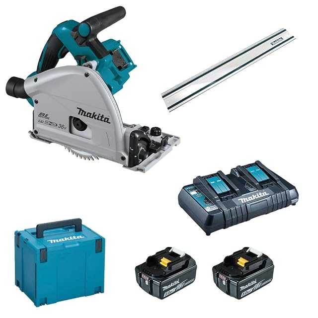 Makita DSP600 cordless plunge saw with guide rail and batteries, product photograph