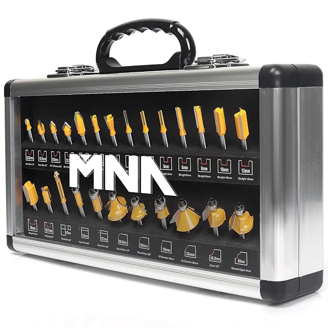 MNA twenty-five piece router bit set in a storage case, product photograph