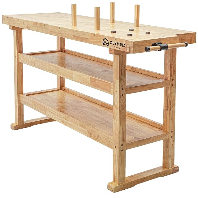 Olympia Tools 60 inch rubberwood workbench with two shelves, product photograph