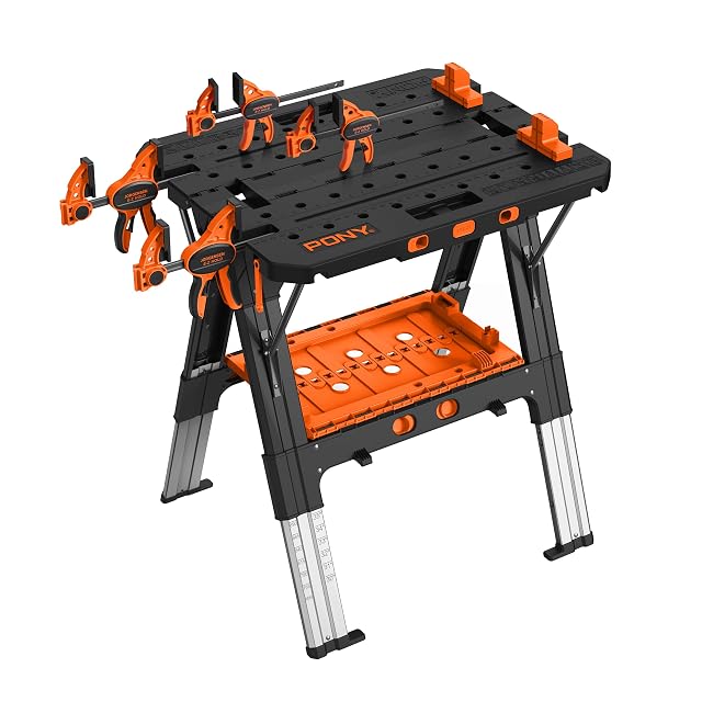 Pony portable folding work table and sawhorse with clamps, product photograph