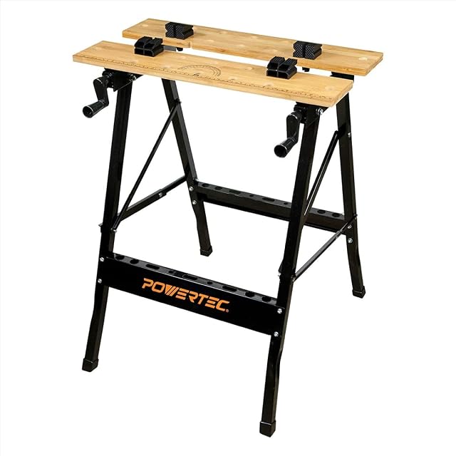 POWERTEC MT4006V portable small workbench with bamboo top and vise, product photograph