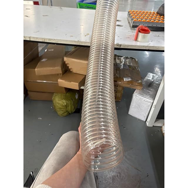 Transparent polyurethane dust extraction hose with steel spiral, product photograph