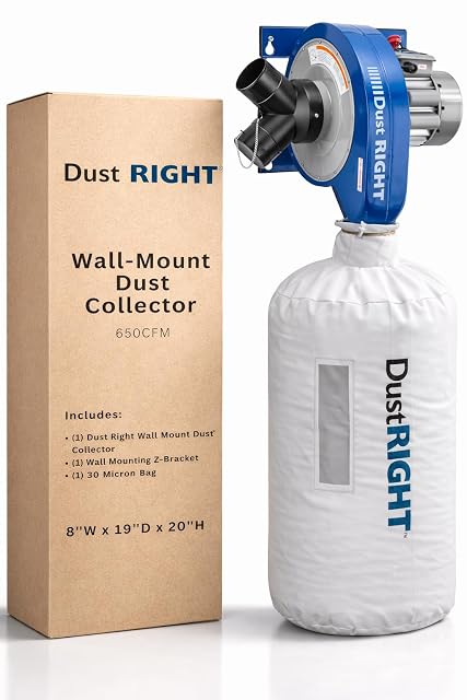 Rockler Dust Right wall mount dust collector with clear collection bag, product photograph