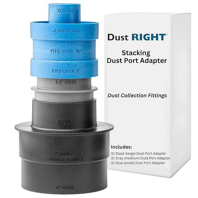 Rockler Dust Right stacking dust port adapters in three colors, product photograph