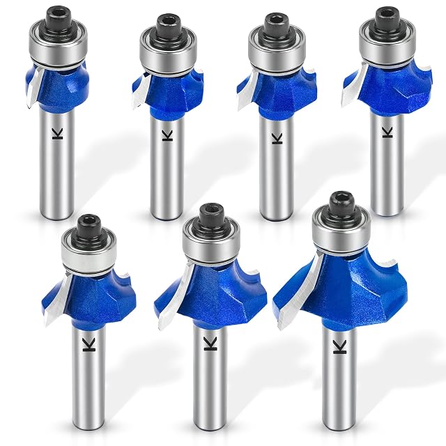 Seven-piece roundover router bit set with 8 mm shanks, product photograph