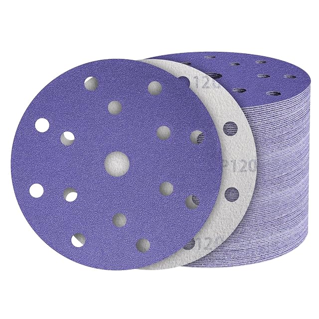 Fifty 150 mm hook-and-loop sanding discs with fifteen holes, product photograph