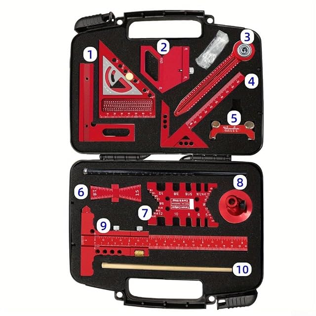 Shuicui aluminum woodworking measuring and scribing set in a red case, product photograph