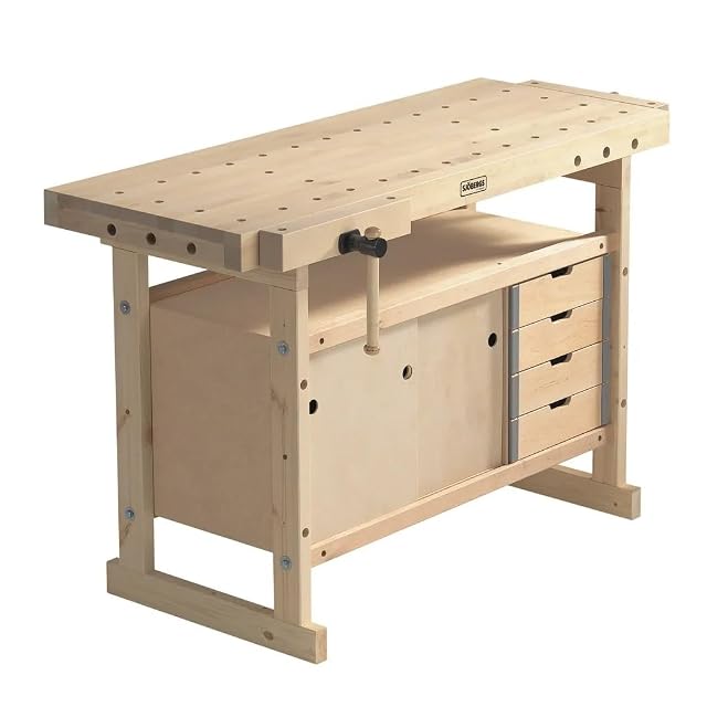 Sjöbergs Nordic 1450 workbench with storage unit, product photograph