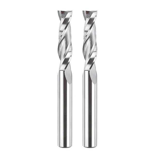 Pair of up-cut spiral router bits, product photograph