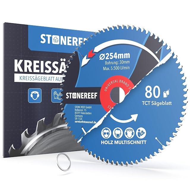 Blue 254 mm 80-tooth circular saw blade with reducer rings, product photograph