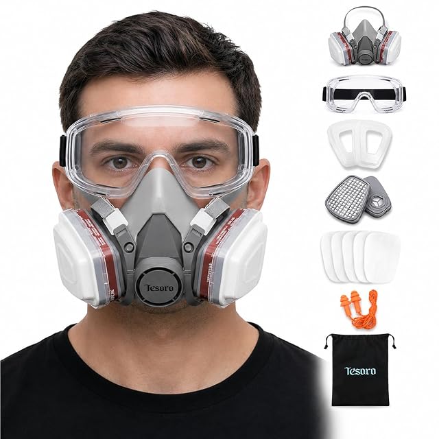 Tesoro Moda M401 half face respirator with clear goggles and filters, product photograph