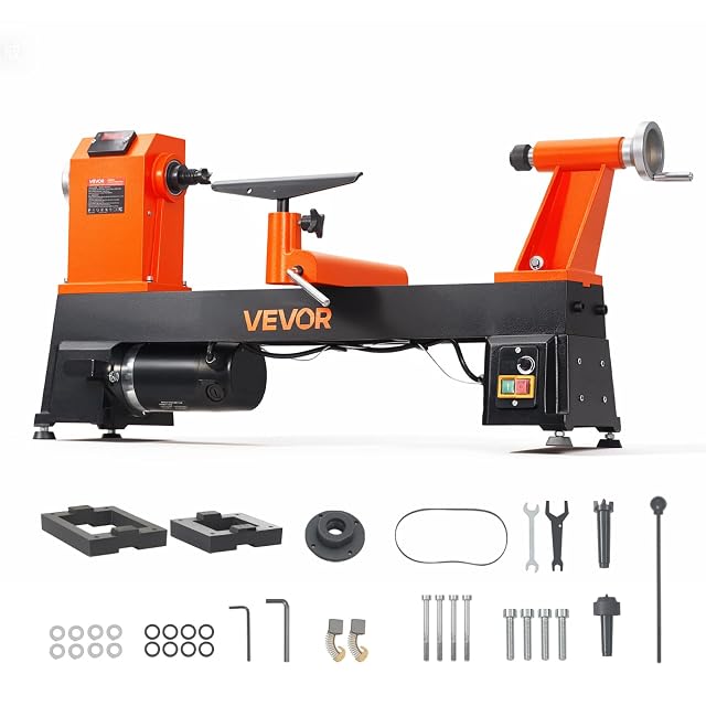 VEVOR 14 by 20 inch benchtop wood lathe with cast iron frame, product photograph