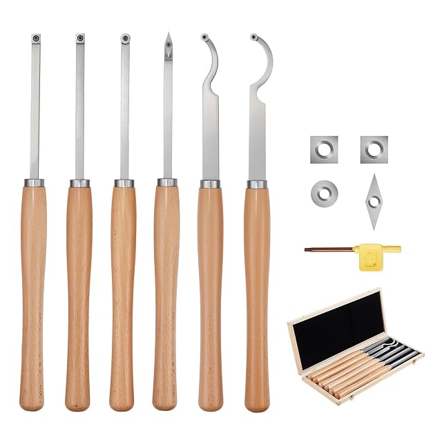 VEVOR six piece carbide wood turning tool set with wooden handles, product photograph