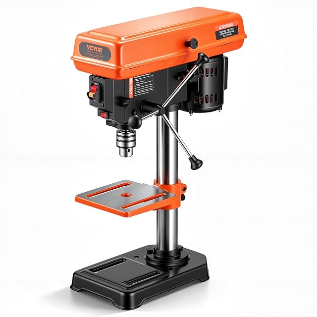VEVOR 8 inch benchtop drill press with tilting worktable and LED light, product photograph