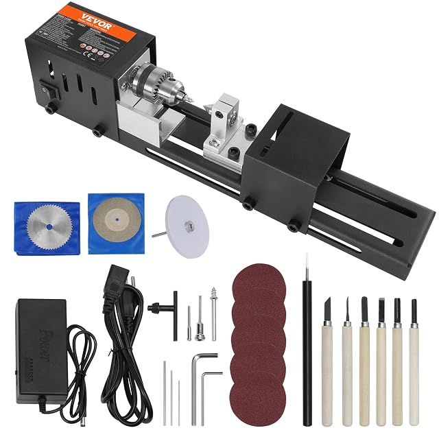VEVOR 96 watt mini wood lathe with aluminum base, product photograph