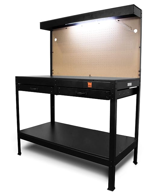 WEN WB4723T 48 inch workbench with power outlets, light and pegboard, product photograph